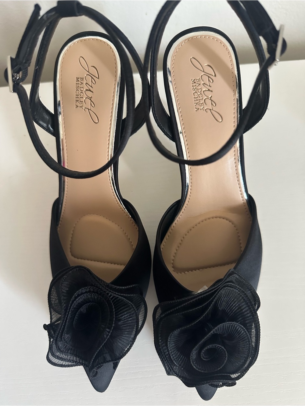 Jewel Badgley Mischka Taylee Satin Ankle Strap Stiletto Heels color black